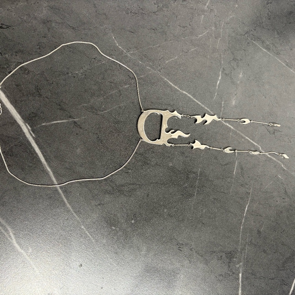 Vintage CHRISTIAN DIOR D Logo Flame Long Silver Tone Necklace